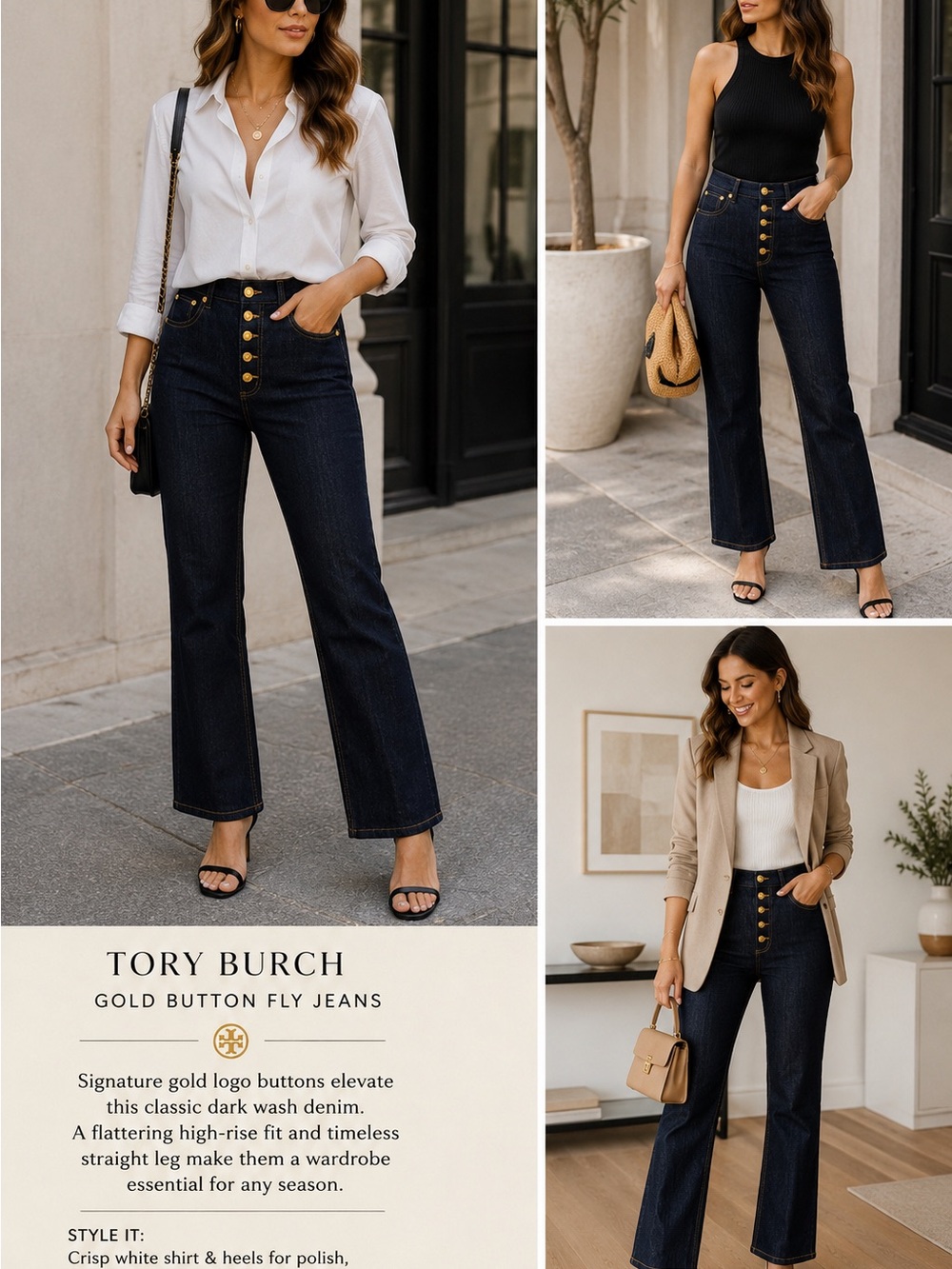 Tory Burch Dark Wash Button Fly Jeans Gold Logo Buttons Size 28